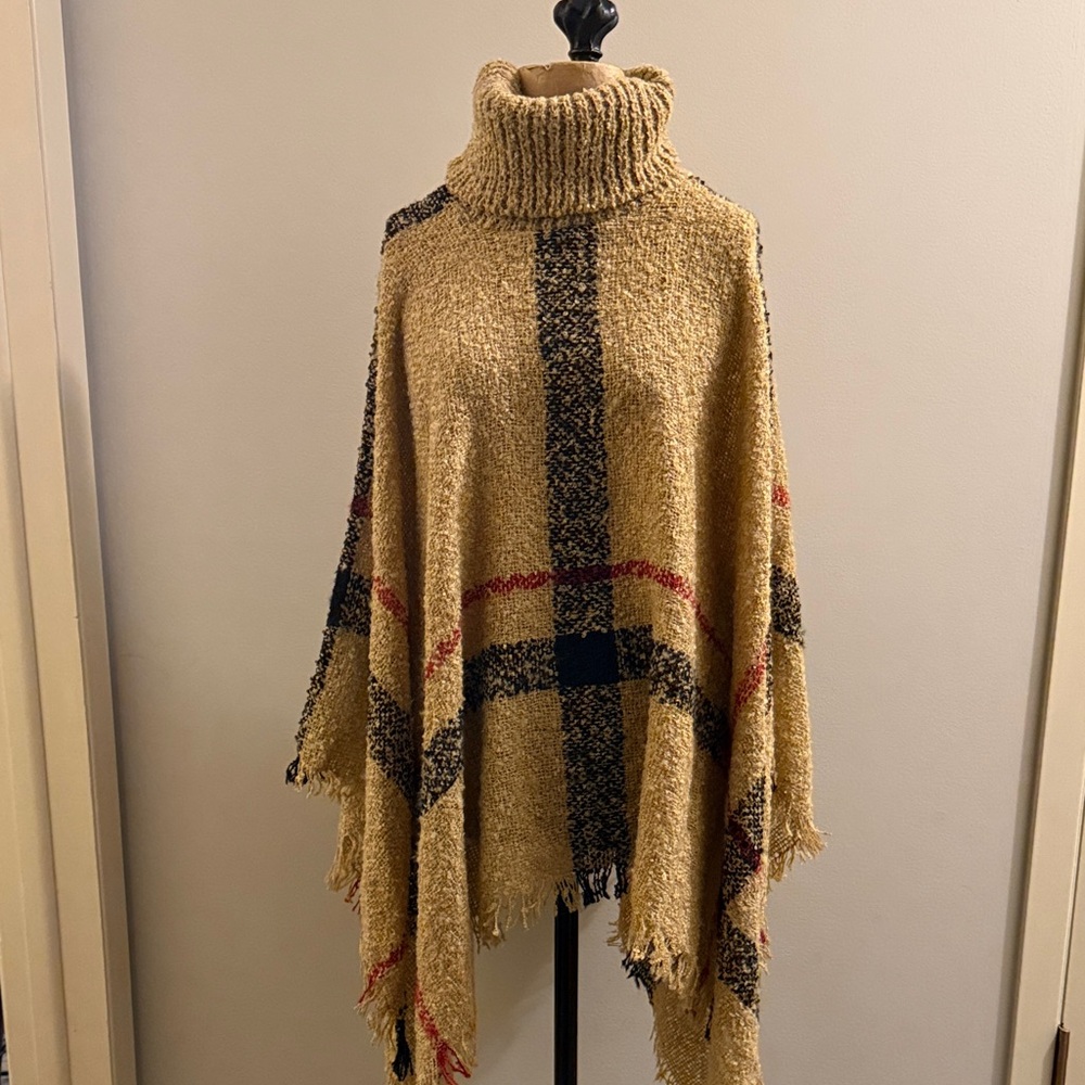 Tan And Red Turtleneck Plaid Poncho Sweater